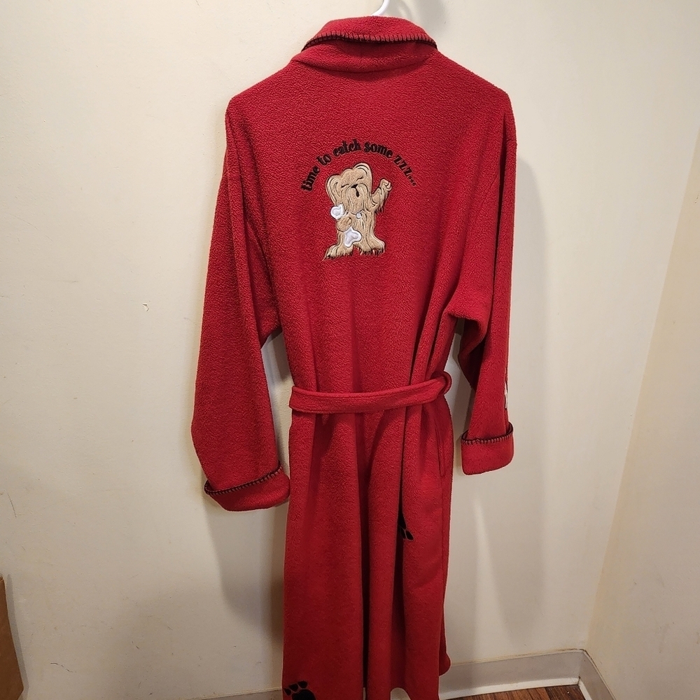 Delicates Red Long Cozy Robe with Embroidered Dog theme